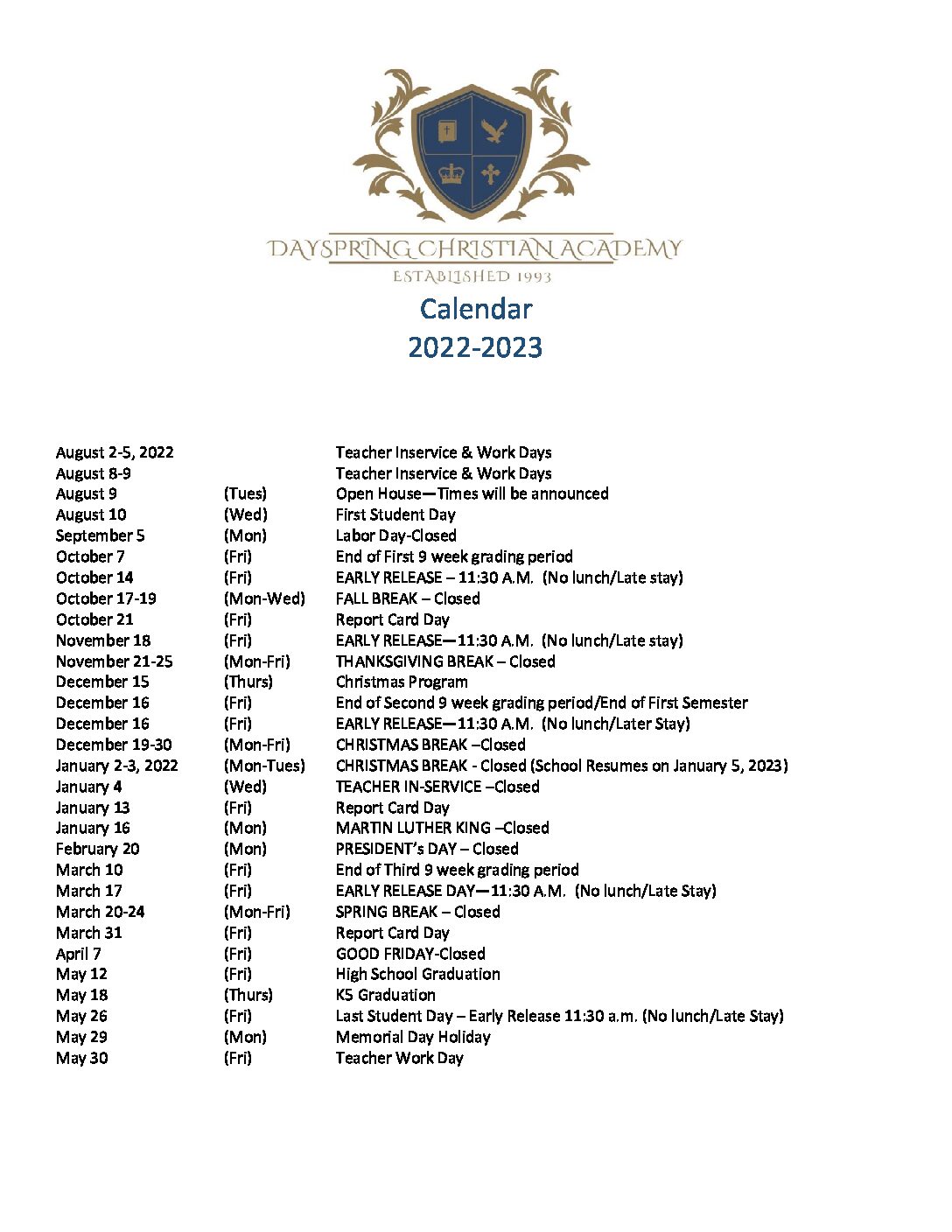 Calendar 2022-2023 Academic – Dayspring Christian Academy